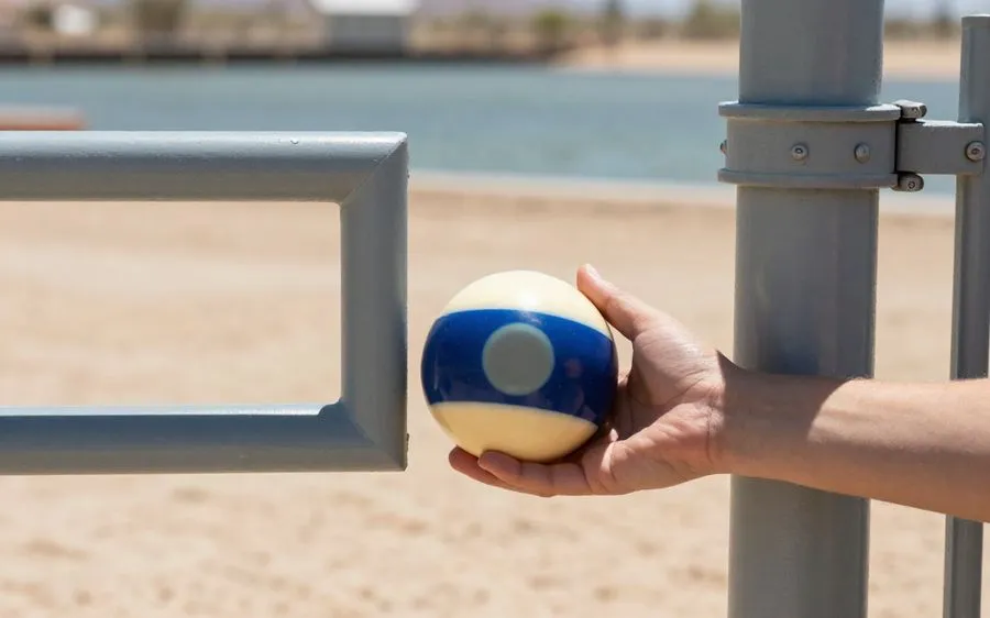 A four-inch ball held against the gap beside a pool gate to test the opening
