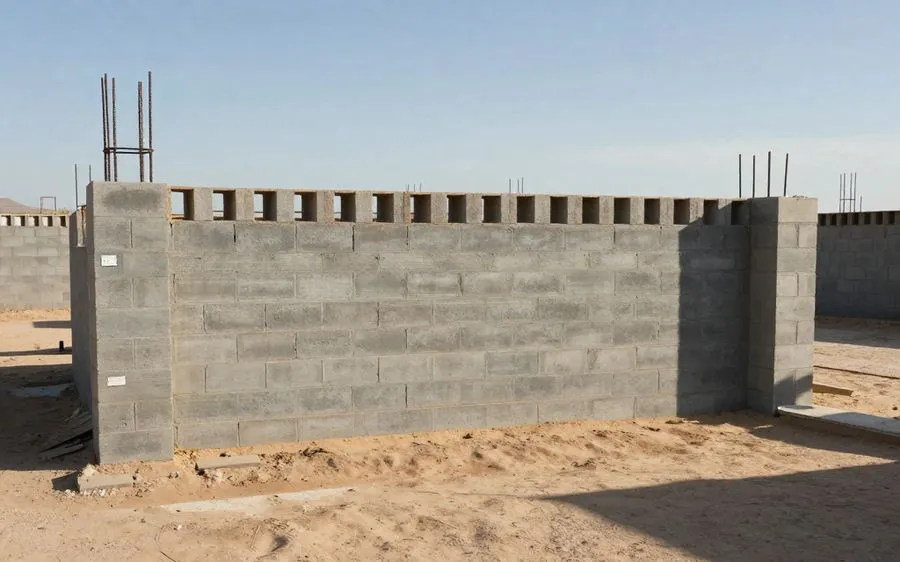 A part-built block wall with reinforcing steel standing in the open top course