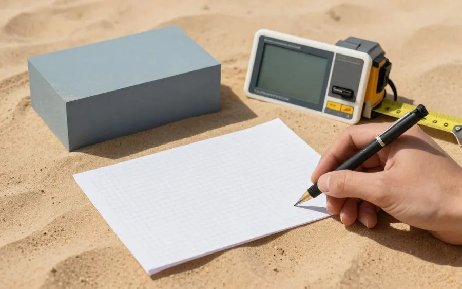 A hand-written material takeoff on graph paper beside a block sample and a tape measure