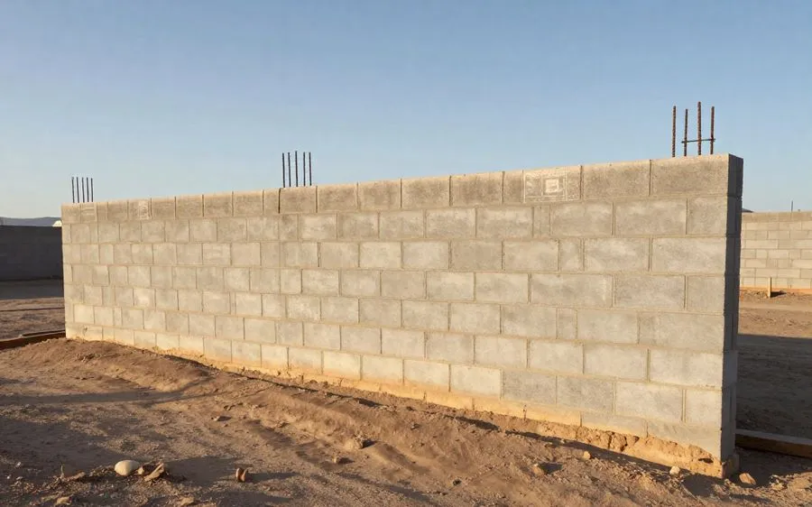 A part-built block wall with vertical rebar standing in the open top course