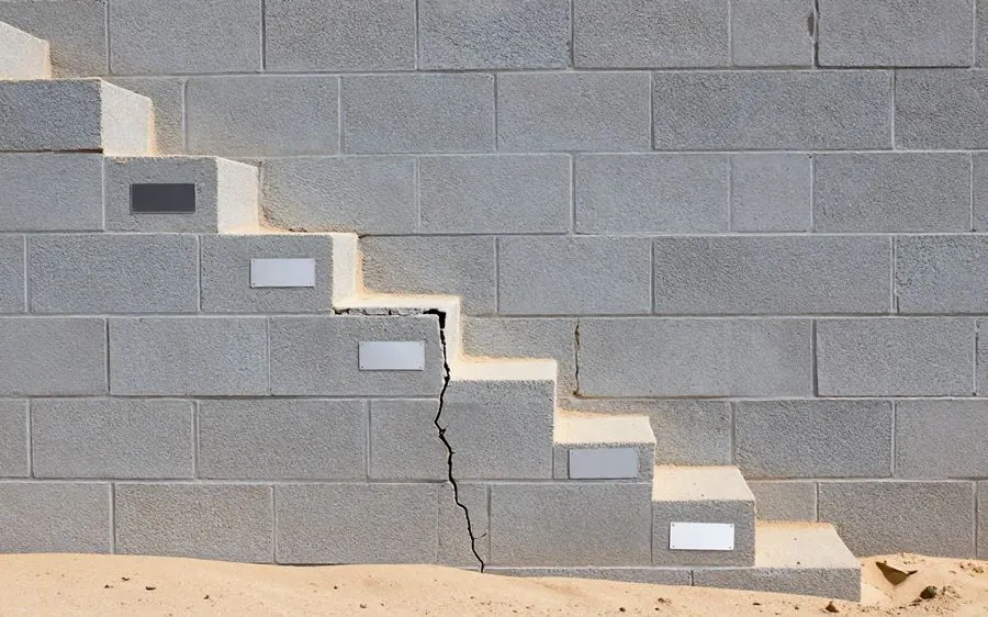 A stair-step crack running diagonally through the mortar joints of a block wall