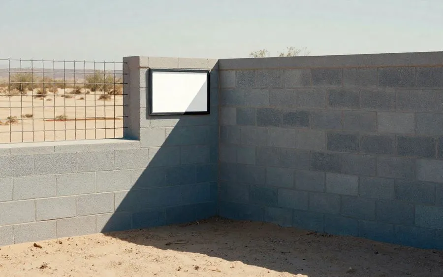 A block wall meeting a view fence at a boundary corner, with open desert visible only through the fence