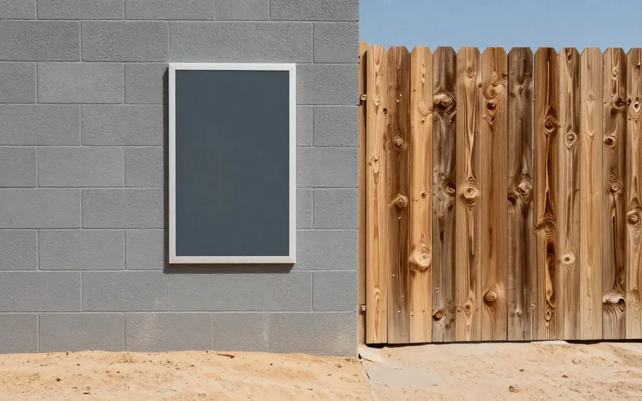 A gray block wall meeting a sun-bleached wood fence at a boundary corner