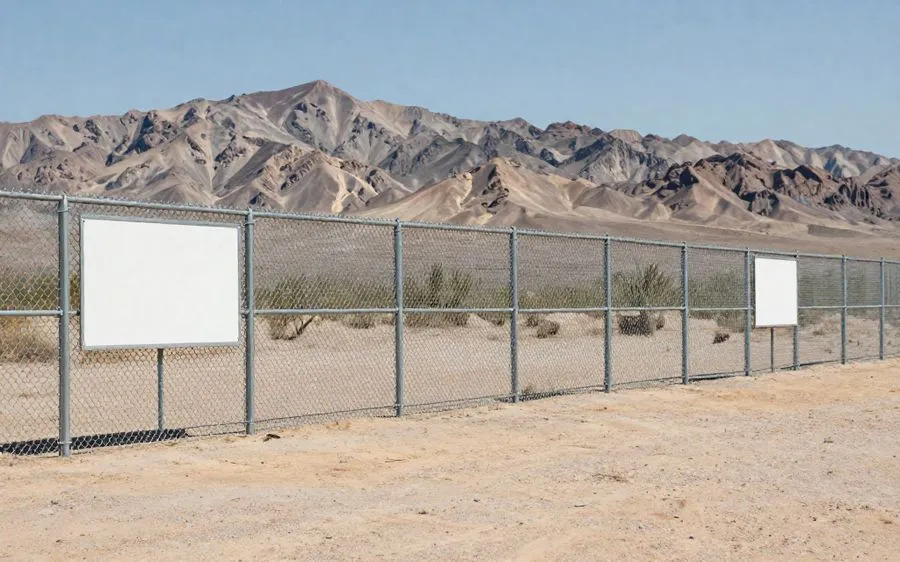 A galvanized chain-link fence running across a large desert lot