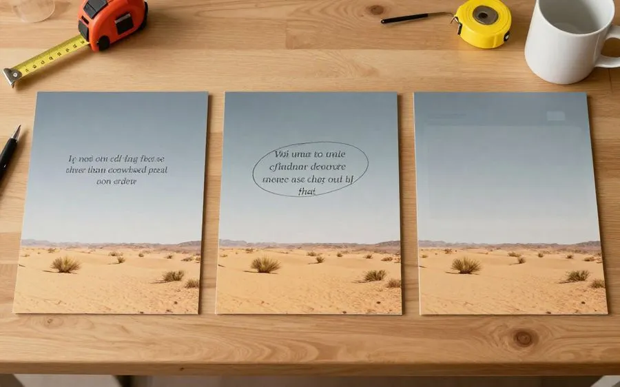 Three printed wall quotes laid out on a table with a pen and a tape measure