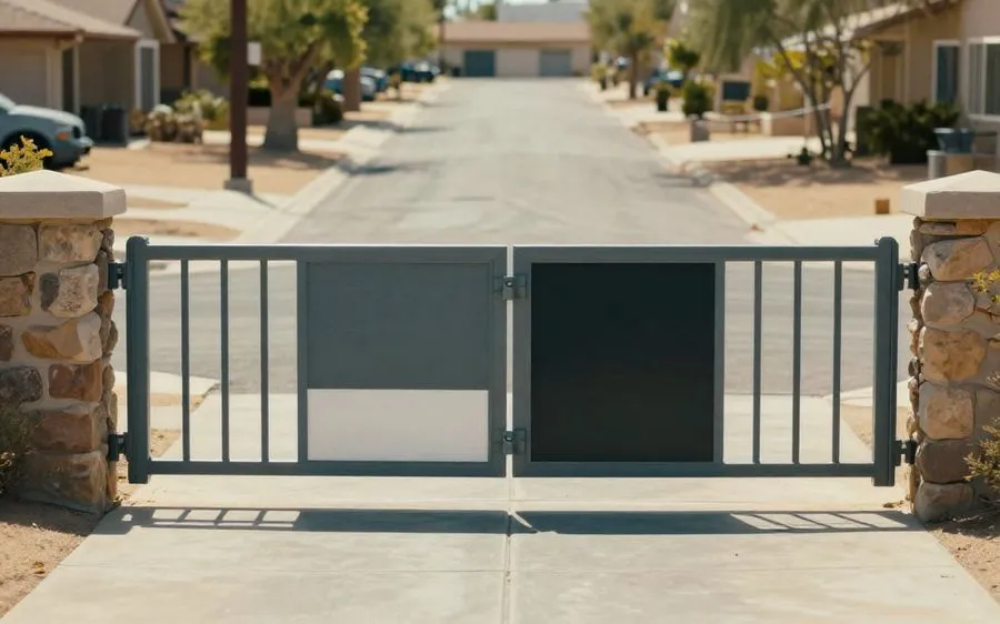 A double swing driveway gate standing open with the leaf arc clear on the drive