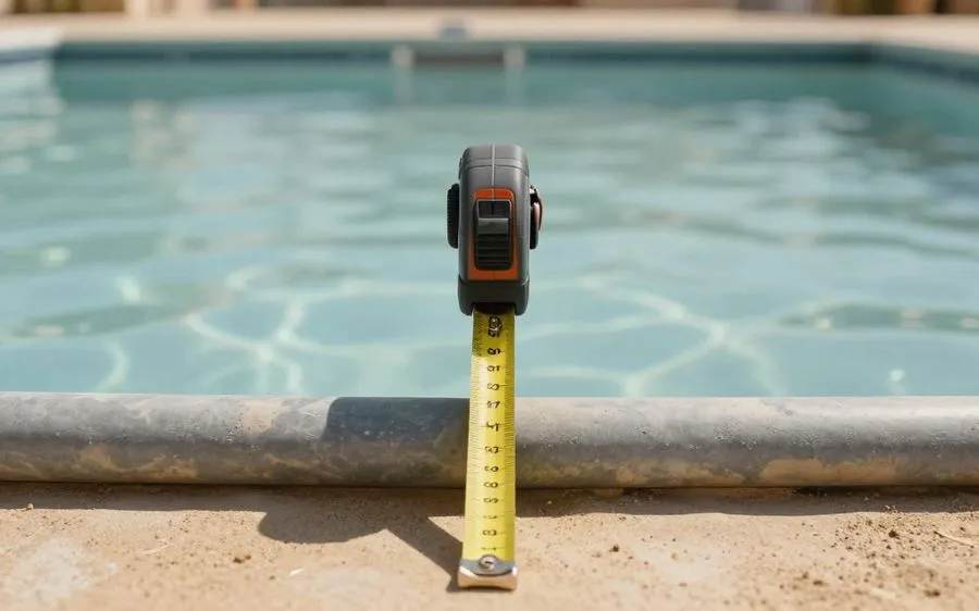 A tape measure held against a pool fence, measured from the outside
