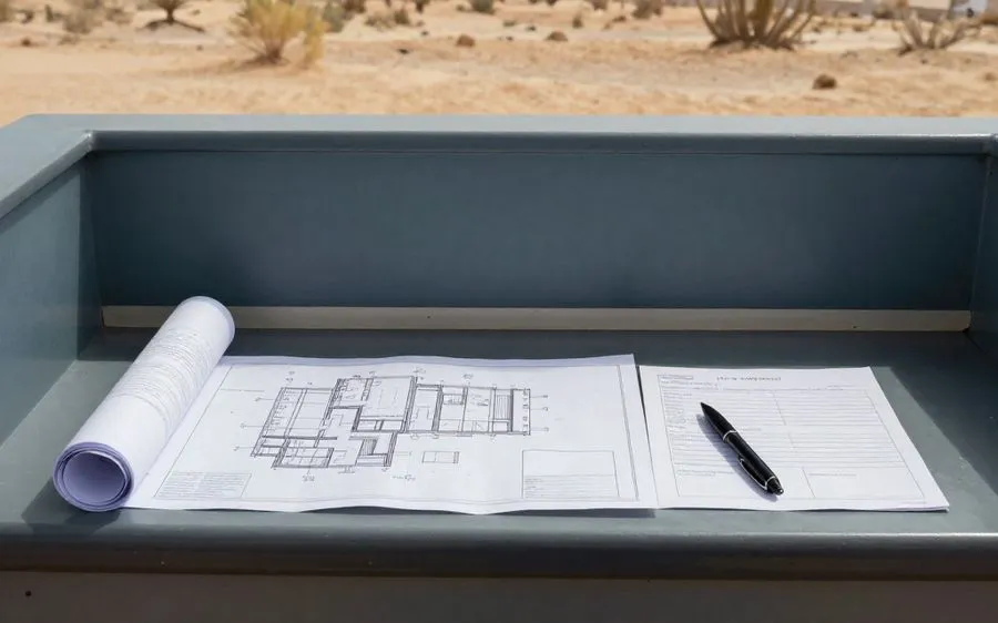 A rolled site plan and a stamped drawing on a permit counter