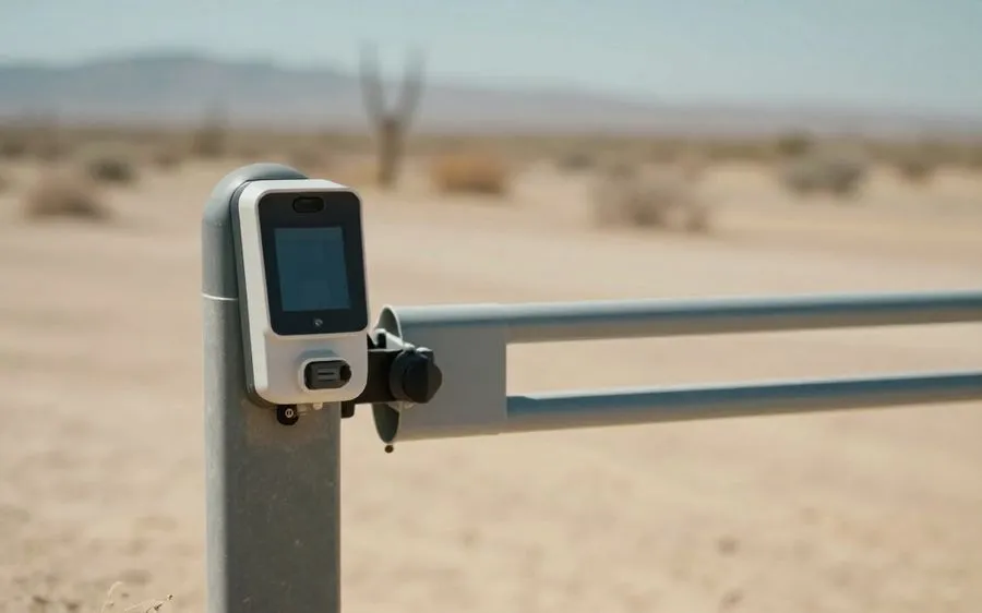A photo-eye sensor mounted low on a gate post with the gate moving behind it