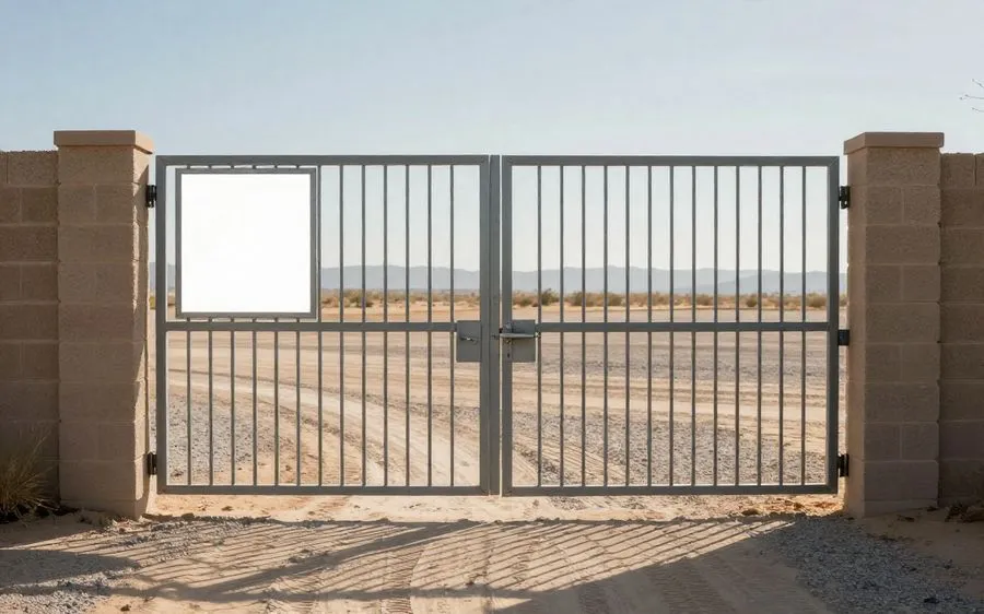 A wide RV gate standing open beside a block wall on a gravel side yard
