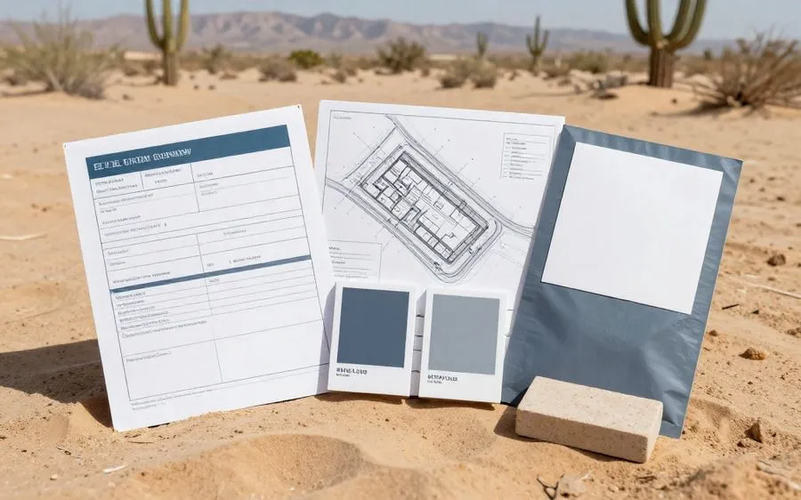 An architectural review form, a site plan, paint chips and a block sample laid out on a table