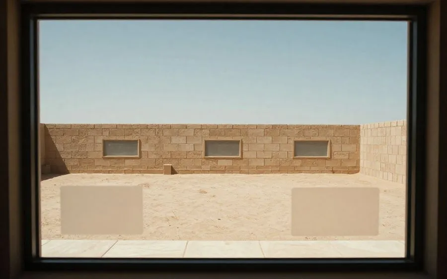 A yard seen from an upper-story window over a six-foot block wall