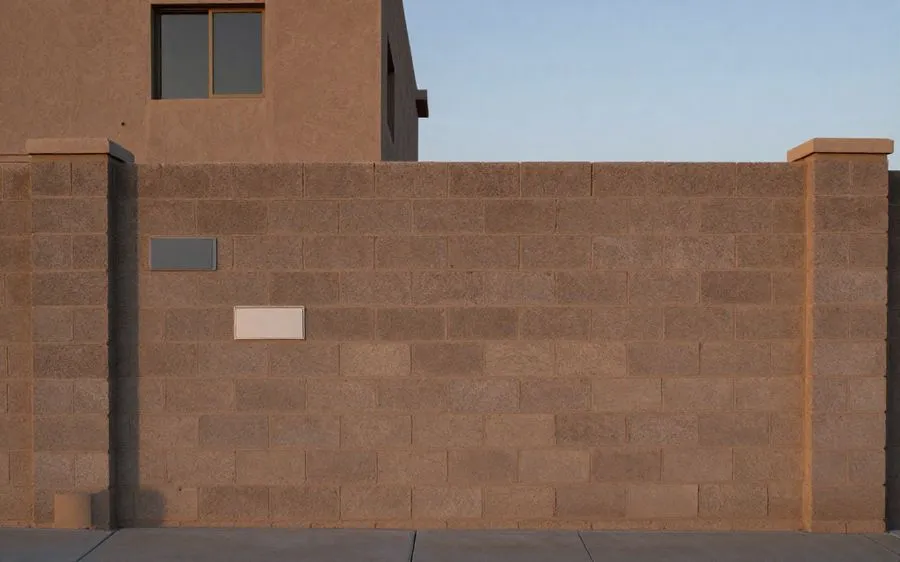 A six-foot block wall with a neighboring upper-story window visible above it