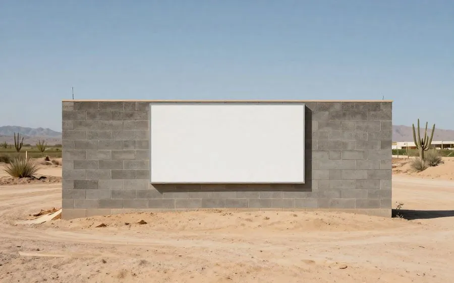 A new block wall under construction on a large lot with open land behind it