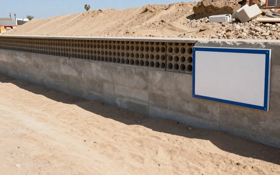 Perforated drain pipe and gravel backfill behind a retaining wall before backfilling