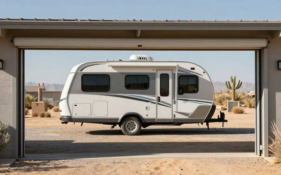 A wide RV gate standing open beside a house with a fifth wheel parked beyond