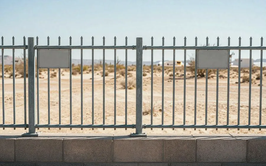 A powder-coated view fence on a low block knee wall with open desert beyond