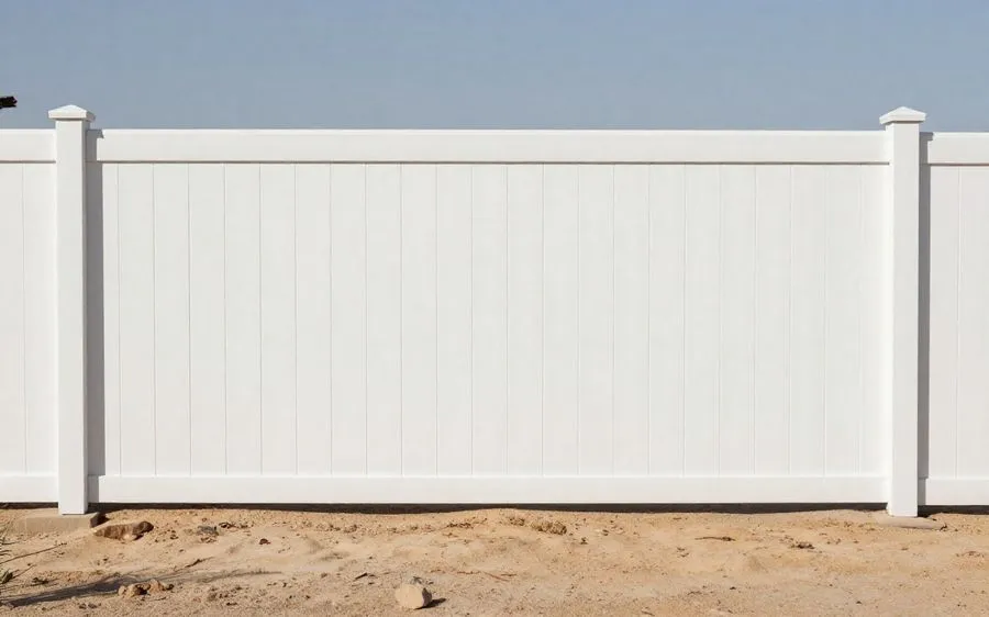 A white vinyl privacy fence in hard desert sunlight