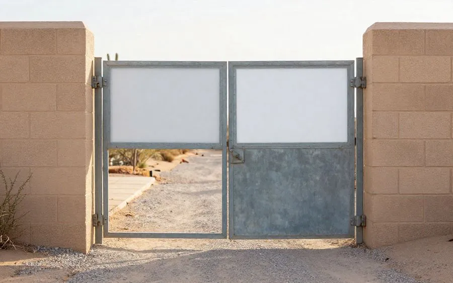 A steel side-yard gate closed against a stuccoed block wall in a narrow passage